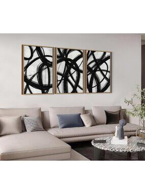 Large Abstract Black & White Canvas Wall Art Set, 16x24in, 3 Pieces Decor